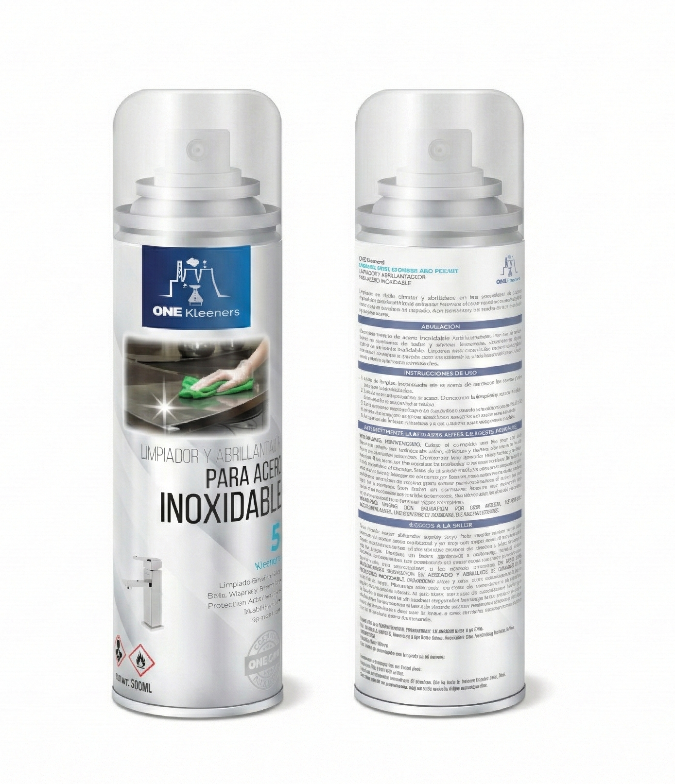 Envase aerosol de ONE Kleeners Limpiador y Abrillantador para superficies de acero inoxidable.